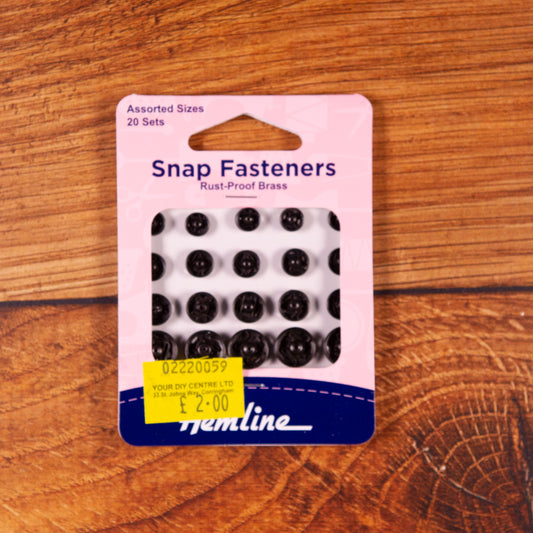 HEMLINE SNAP FASTENERS 5 SETS 6/7/9/11mm Black